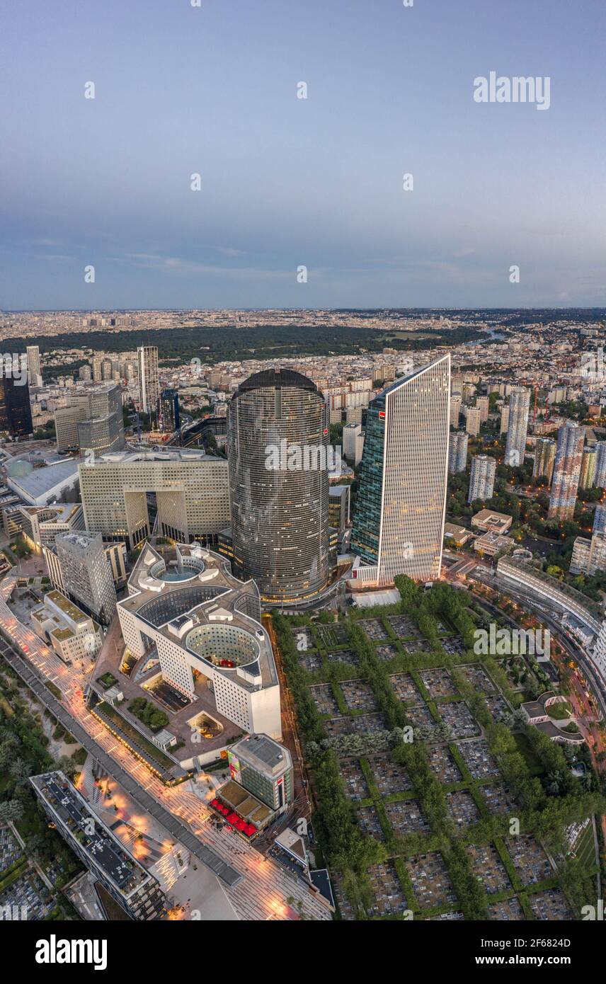 Paris, France - Jun 18, 2020: Aerial drone shot of Cemetry Skyscrapers in La Defense post pandemic lockdown Stock Photo