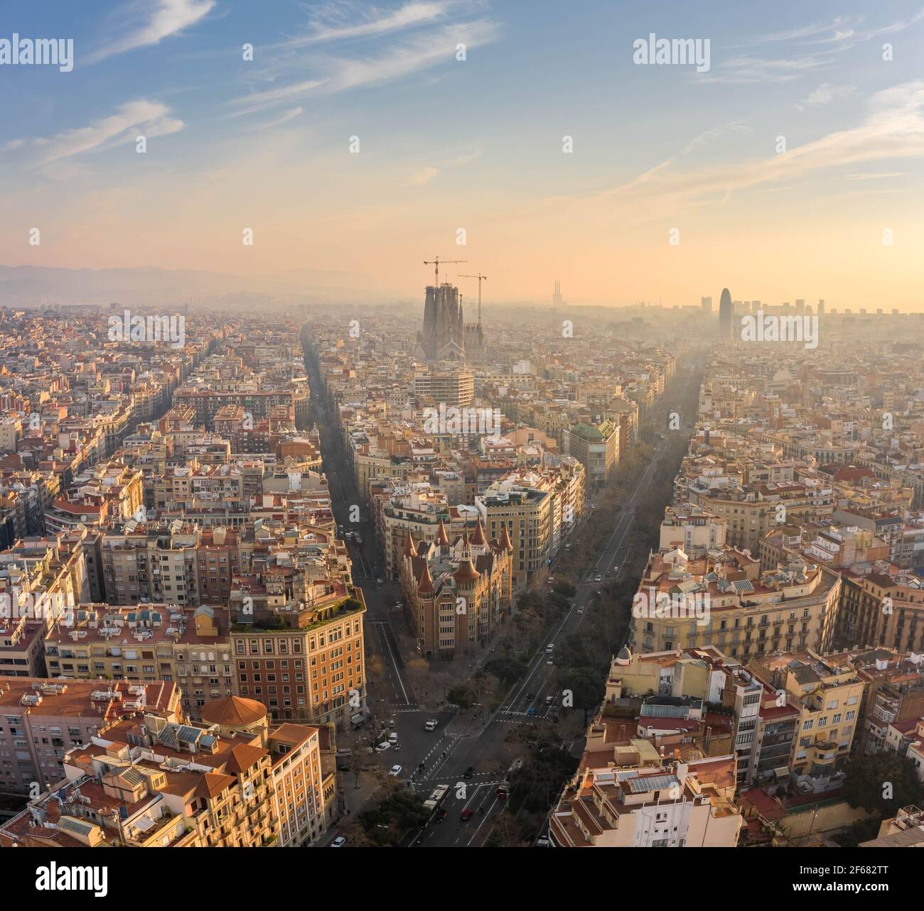Aerial drone shot of Avinguda Diagonal in Barcelona in morning sunrise Stock Photo