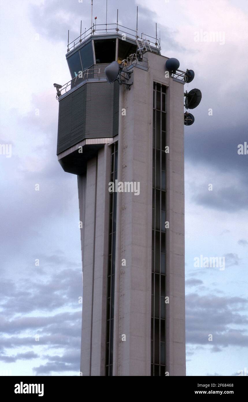 Flight control tower at Stapleton Airport in Denver, Colorado Stock Photo