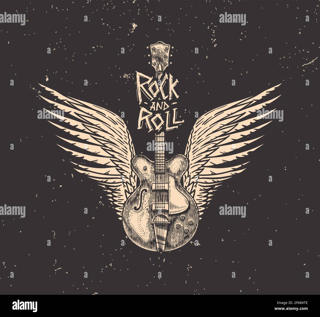 Guitar with angel wings. Hand Drawn grunge sketch with a tattoo or t