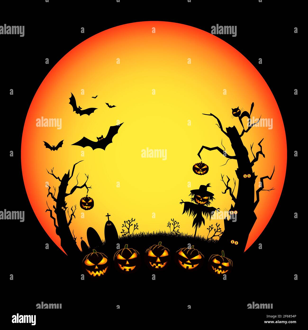 Cartoon Halloween eve night scene. Pumpkins with burning eyes. Big red moon. Bats in flight. Old trees. Cemetery. Scarecrow. Black Cats. Stock Vector