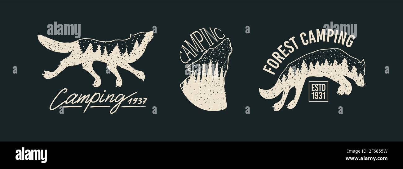 Gray wolf logo and badge. Forest and mountain and hill. Double exposure ...