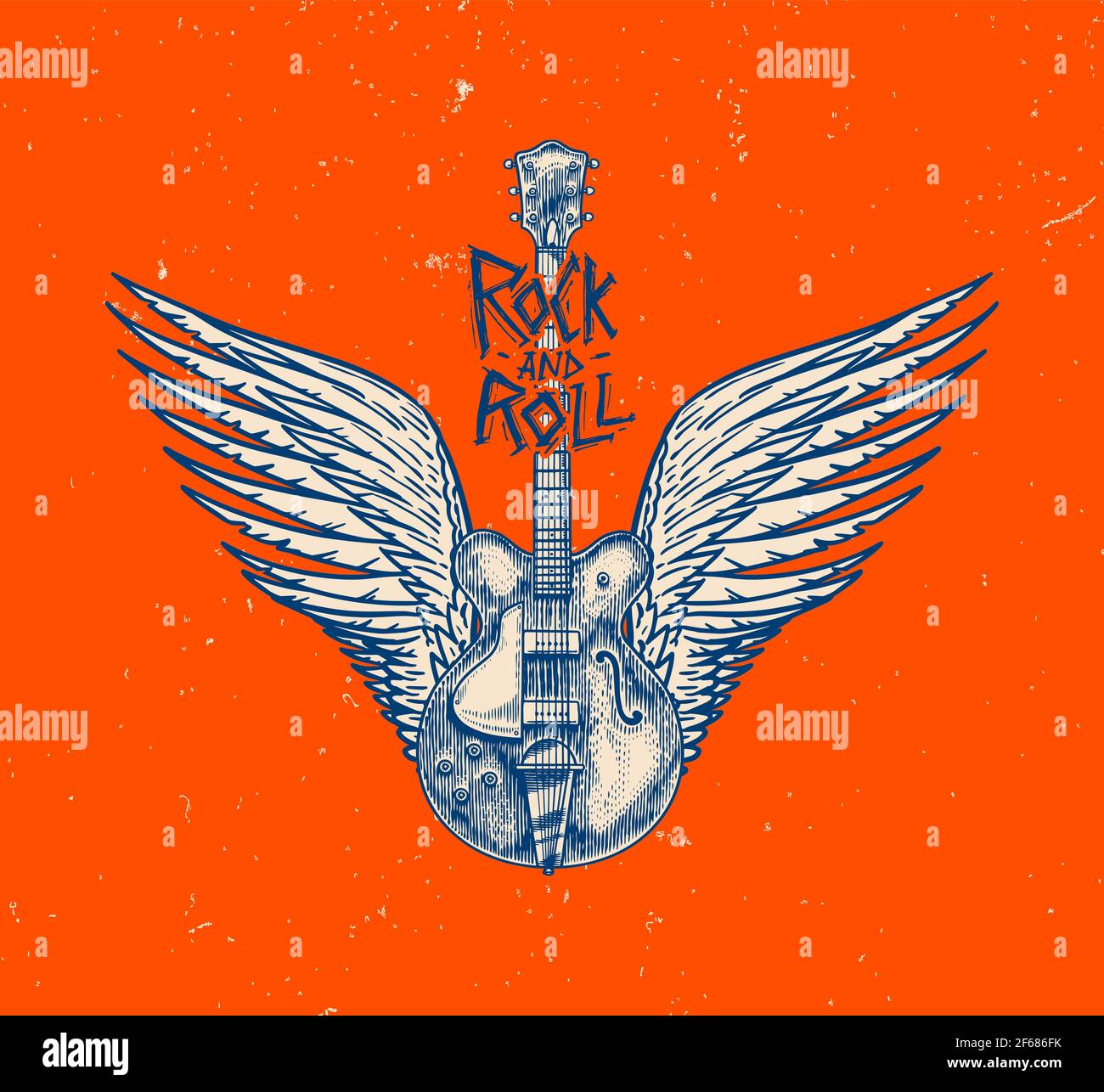 Guitar with angel wings. Hand Drawn grunge sketch with a tattoo or t