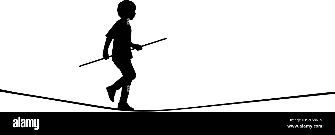 Silhouette boy walking on tightrope with stick. Illustration graphics icon vector Stock Vector