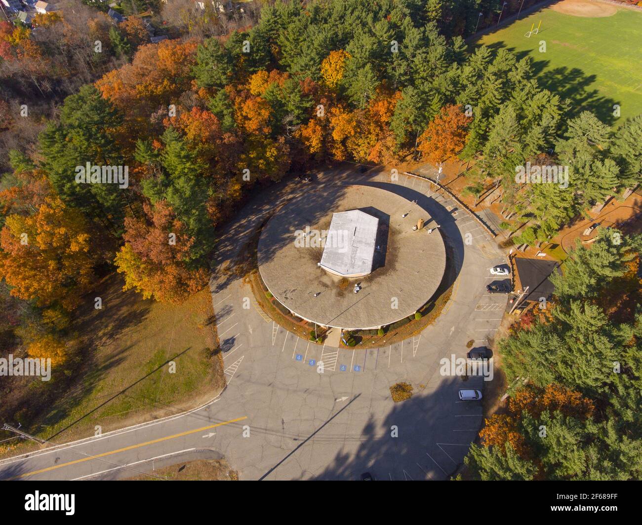 Wilmington town hall aerial view at the town center with fall foliage