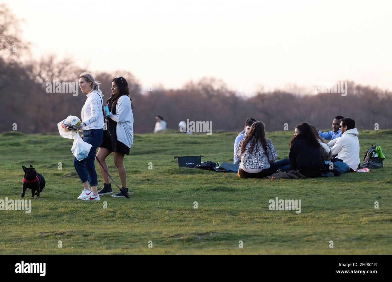 Members of the public relax and socialize in Richmond Park, London. The government further eased its restrictions as part of the 'roadmap' out of the Covid-19 lockdown measures imposed in January. Groups of either six people or two households are now allowed to meet outside and organized outdoor sport can resume once more. Stock Photo