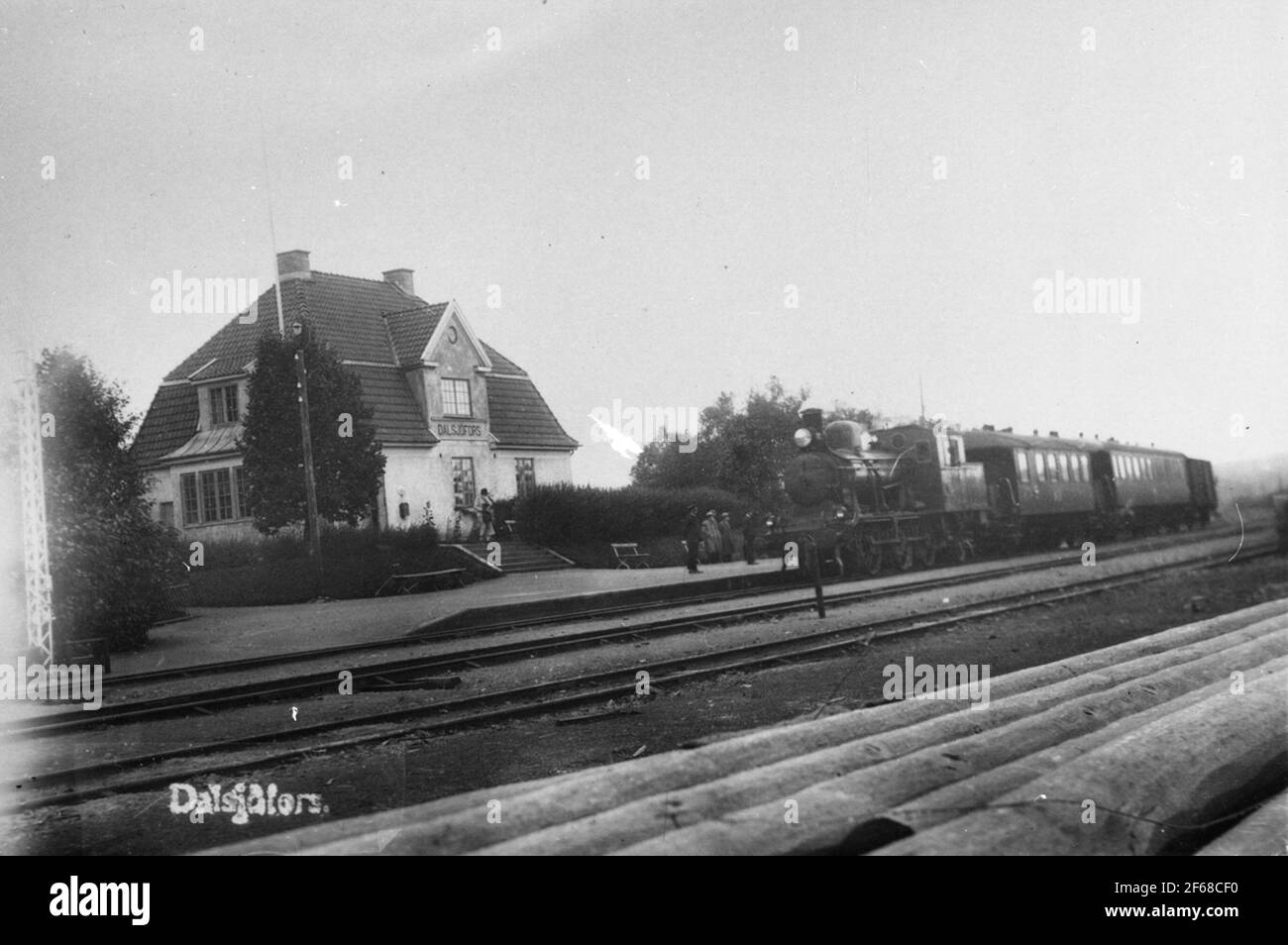 The railway station in Dalsjöfors, landscaped by Borås - Ulricehamn Railway 1917. The station house was demolished and replaced with a bus for 1982. Stock Photo