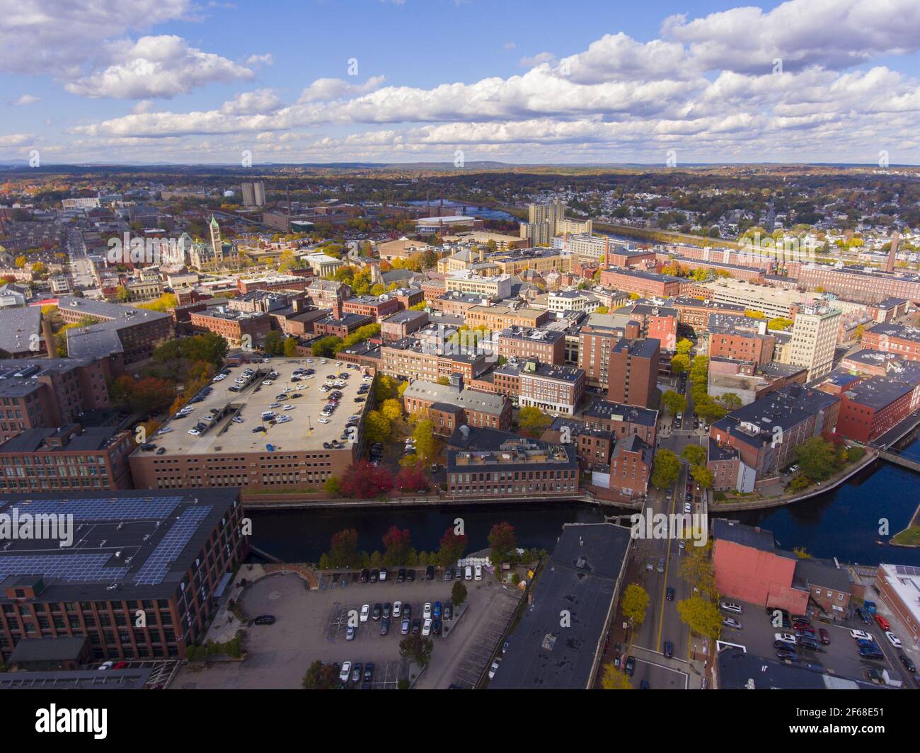 Lowell historic downtown, Canal, Marrimack River and historic Mills