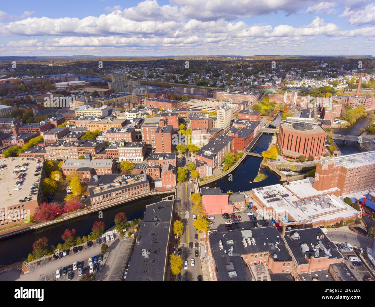 Lowell historic downtown, Canal, Marrimack River and historic Mills