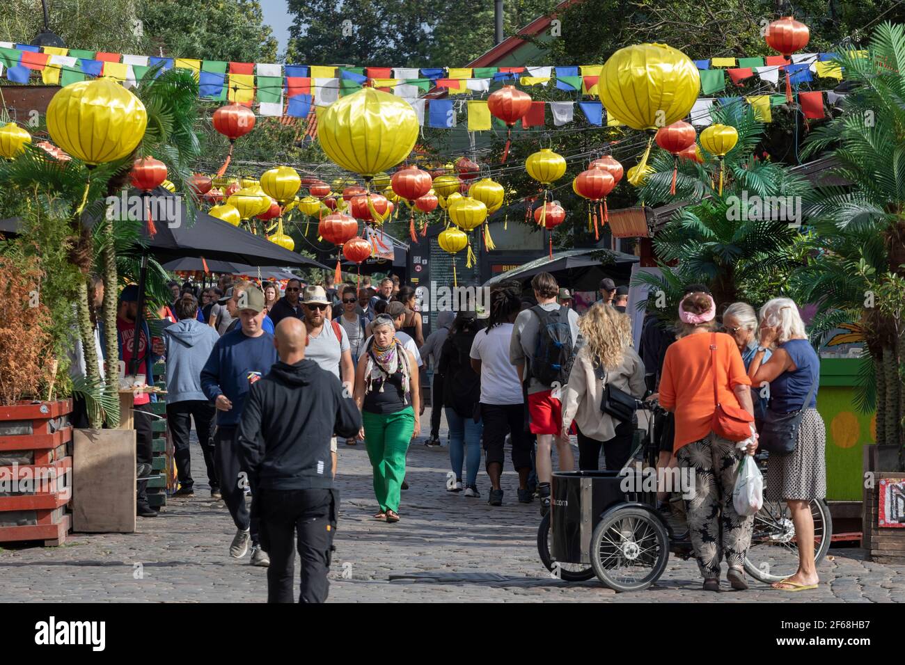 Freetown Christiania. Pusher Street is the main street of drug dealers, where drugs are sold quite openly at stalls Stock Photo