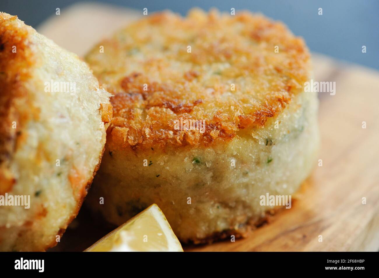 Tasty fishcakes being prepared in a professional kitchen Stock Photo
