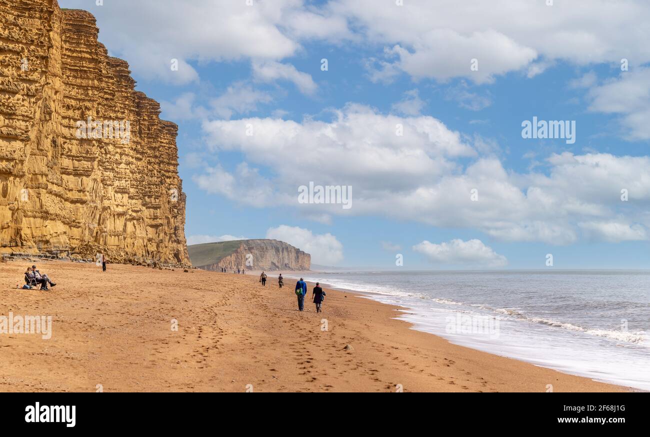Sandstone cliff strata and beach at East Cliff, West Bay on the Jurassic Coast, Dorset, UK on 30