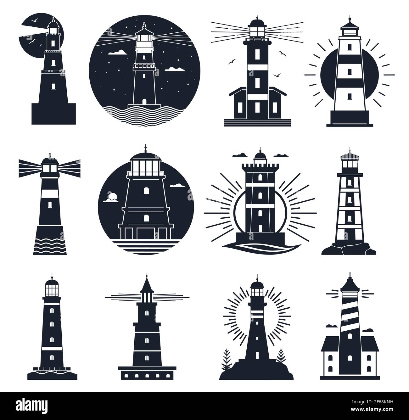 Lighthouses logo. Nautical vintage label, sea beacons, ocean with waves and seagulls. Night lighthouse tower, navigation building vector set Stock Vector