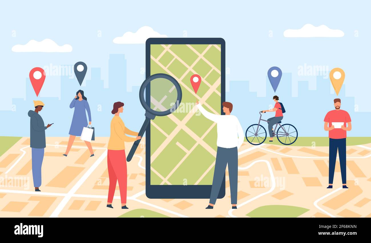 Tracking online application. Smartphone with GPS app on screen, city location map and walking people with pins. Geolocation vector concept Stock Vector