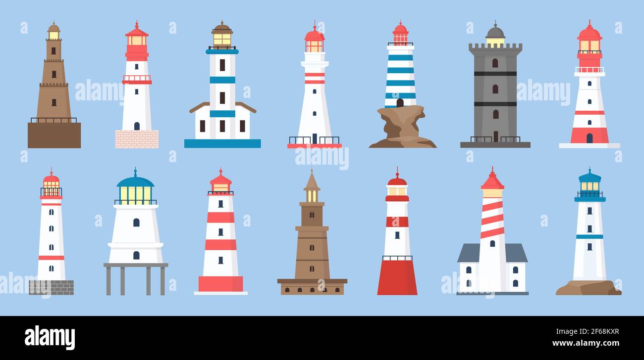 Sea beacons. Coast lighthouse with searchlight beam. Cartoon navigation tower for sailing ship. Marine lighthouses on ocean shore vector set Stock Vector