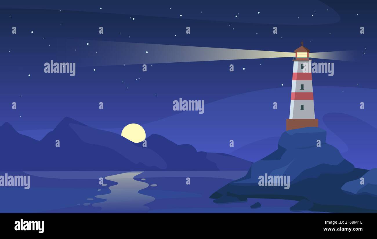 Lighthouse at night. Sea beacon with beam on rocky coast. Cartoon navigation light tower on seashore, starry sky and ocean vector landscape Stock Vector