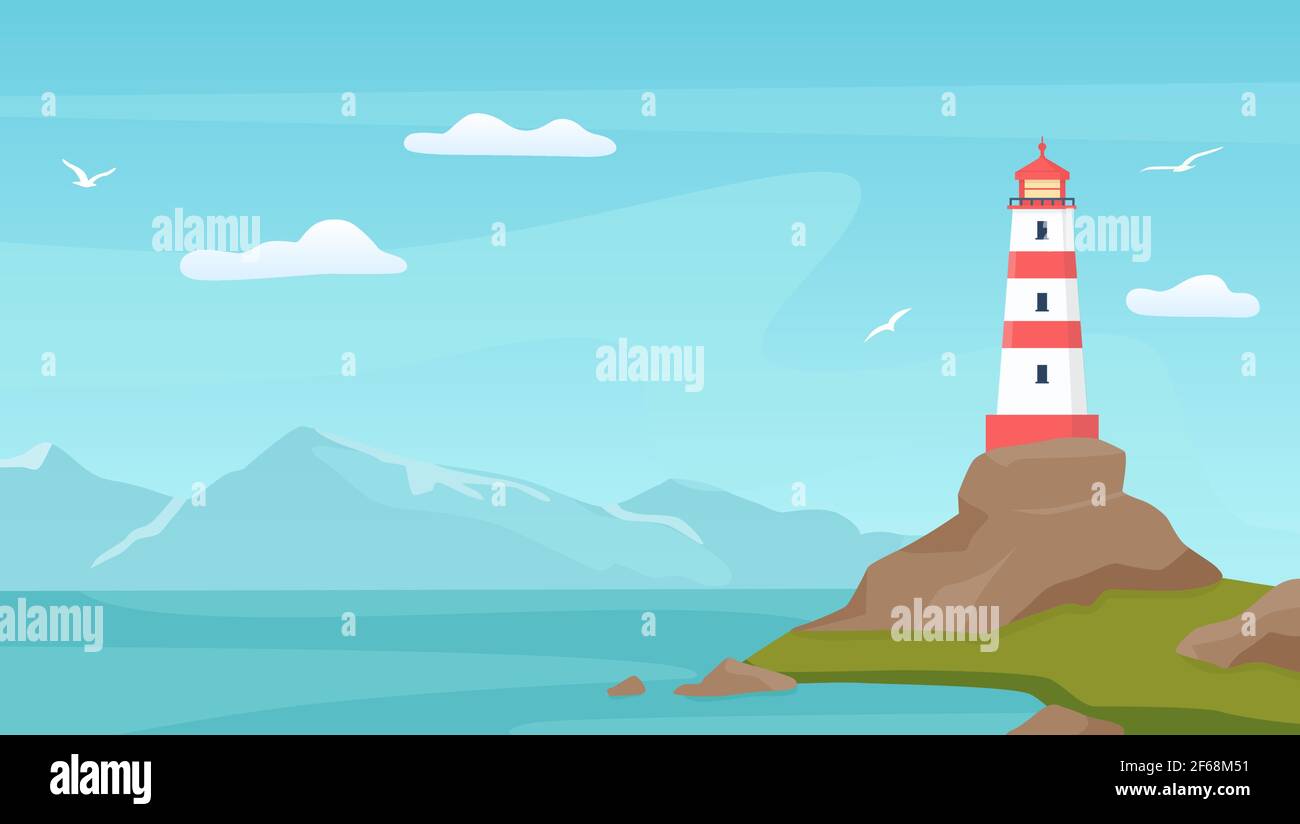 Sea landscape with beacon. Lighthouse tower on coast with rock. Cartoon blue sky with seagulls, shore, ocean waves and mountain vector scene Stock Vector