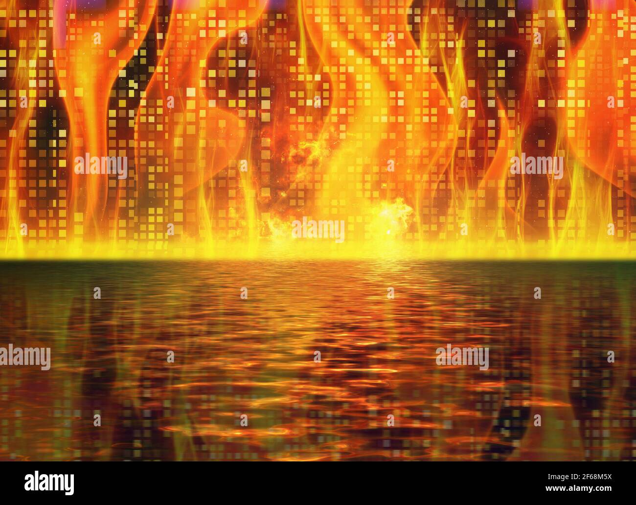 burning city reflected in a water. illustration on the theme of global cataclysm or war Stock Photo