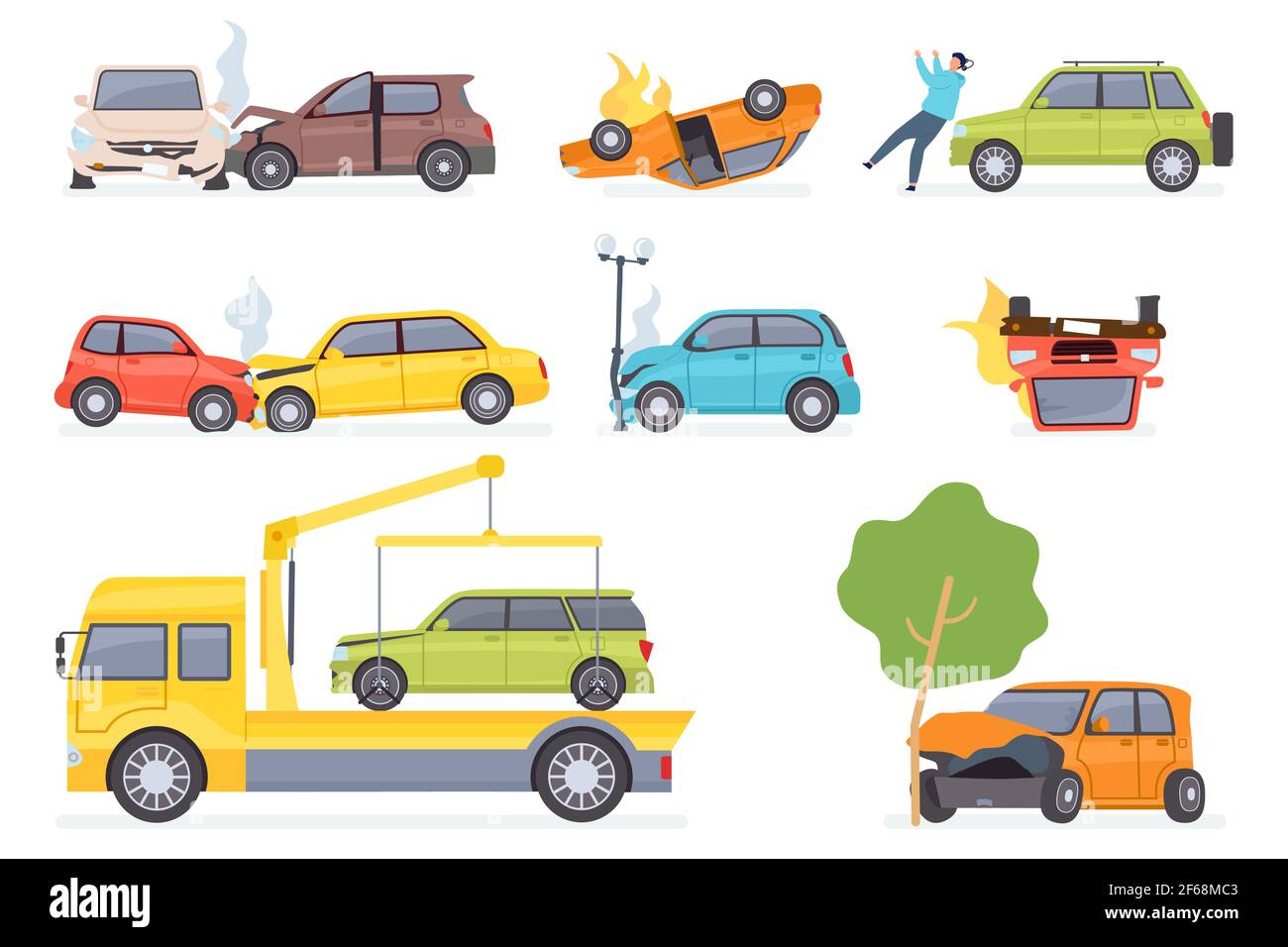 Cars accident. Insurance transportation on tow truck, auto collision with tree or street light, hitting pedestrian. Vehicle crash vector set Stock Vector