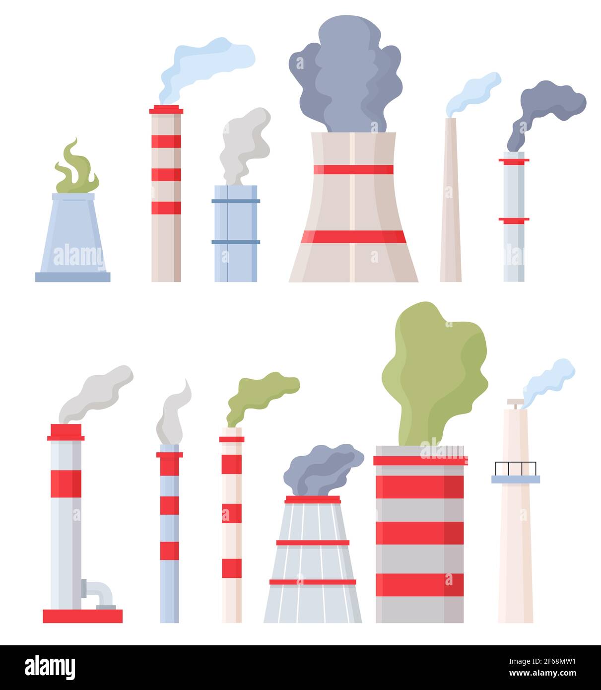 Factory chimney with smoke. Manufacturing pipes with toxic chemical fumes, environment and air pollution. Stack with dirty steam vector set Stock Vector