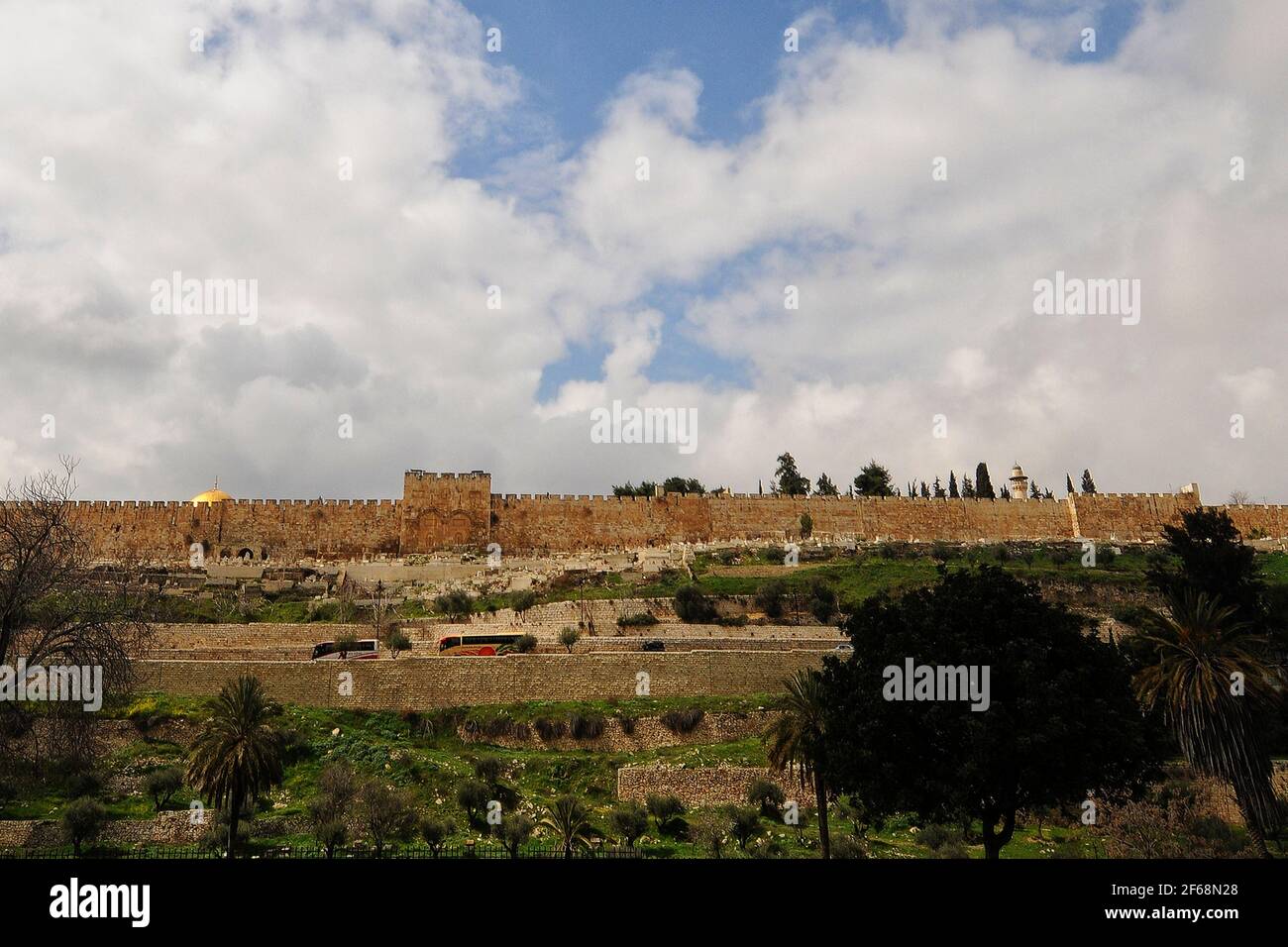 Eastern wall of the Temple Mount in the Old City of Jerusalem, Israel including the Golden Gate or Gate of Mercy Stock Photo