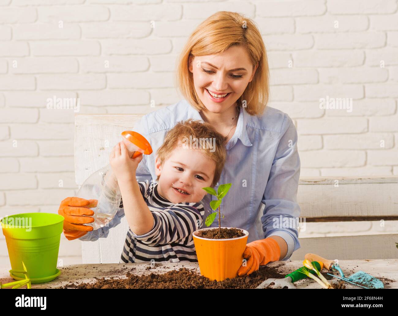 Mother and son spraying flower in flowerpot. Family relationships. Gardening at home. Care for plants. Stock Photo