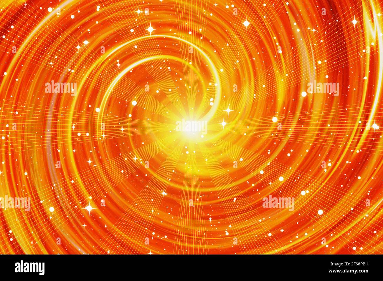 sun rays and space stars on twirl fire background Stock Photo