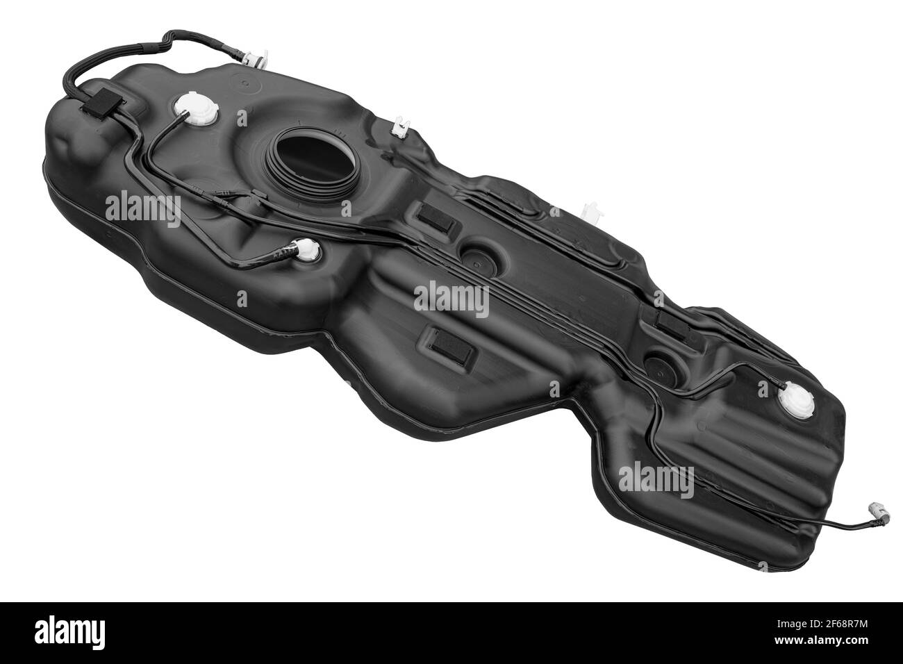 New plastic fuel tank complete with car fuel pipes on white background