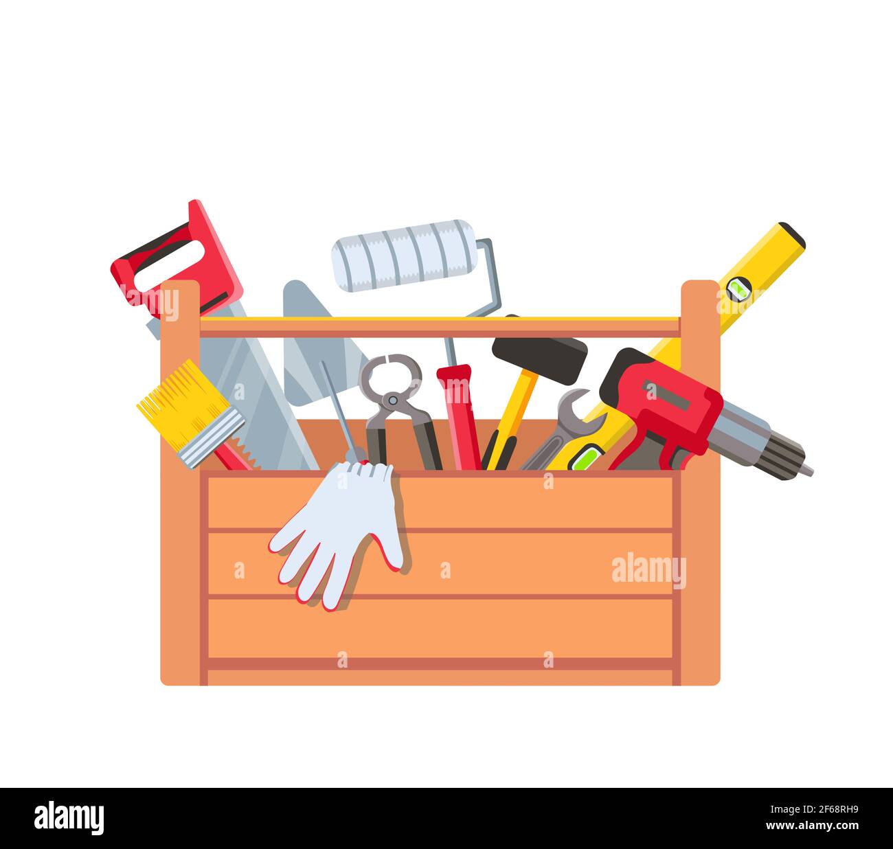 Toolbox with equipment. Wooden toolkit box with saw, drill, brush