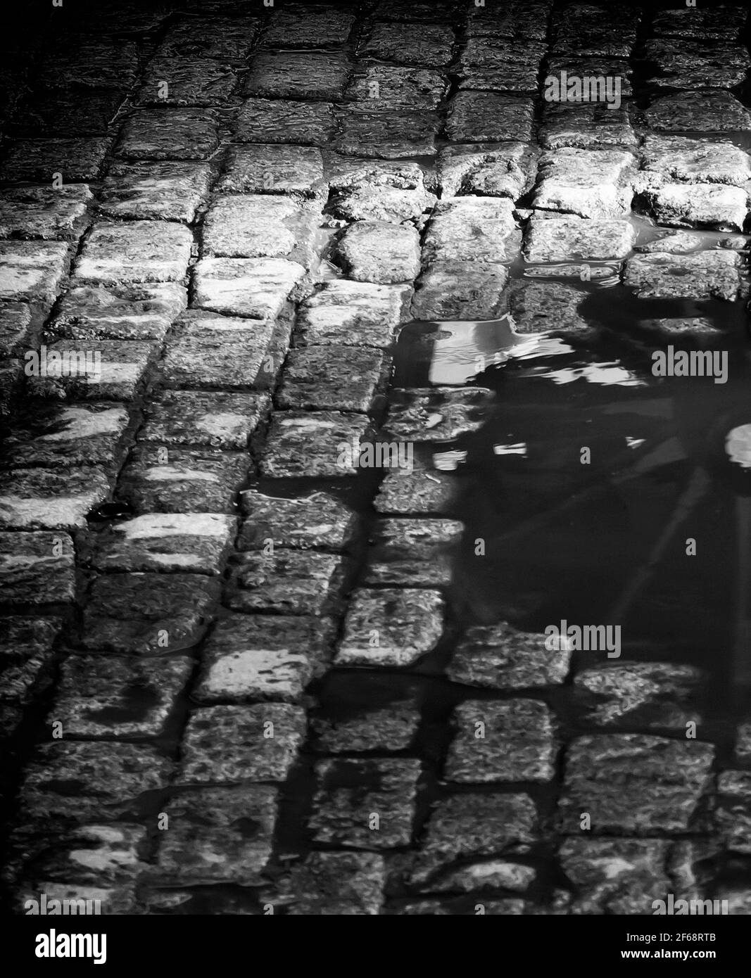 Wooden wheel of a horse cart reflected in a water puddle after the rain. Black and white photo. Stock Photo