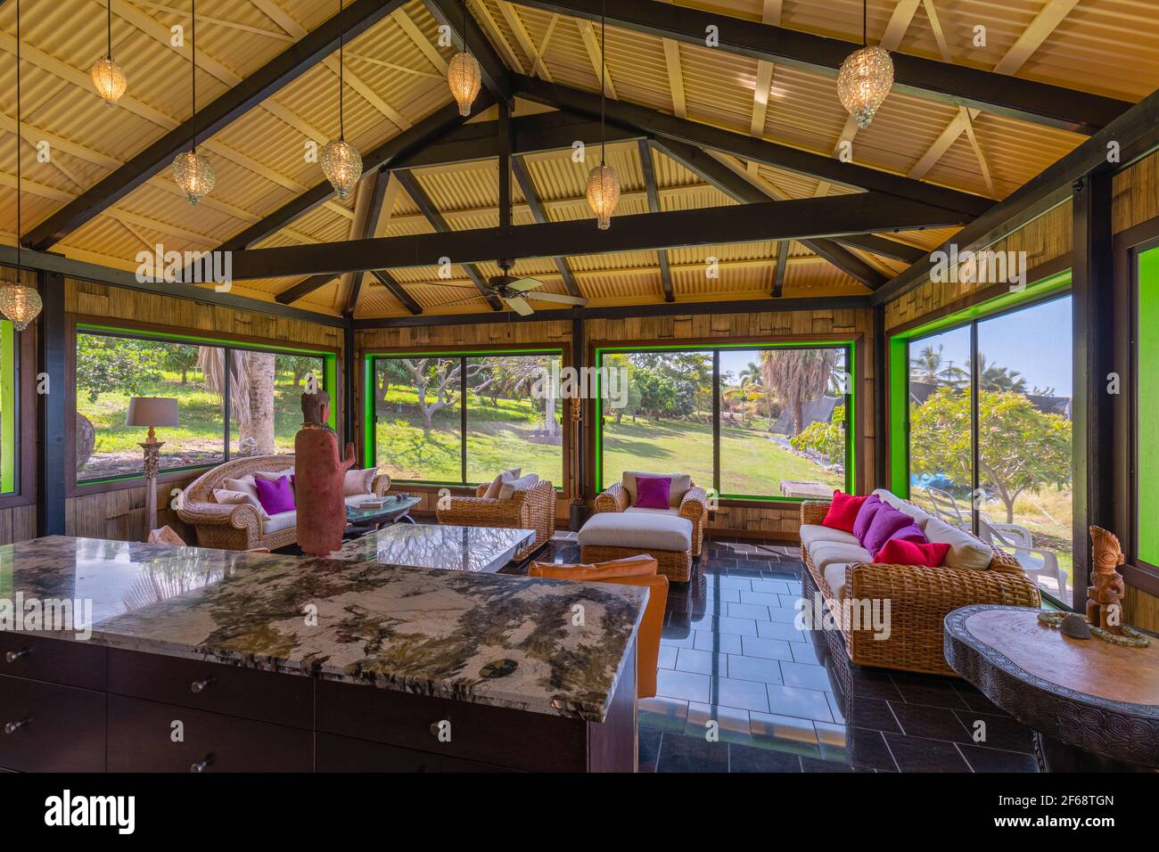 Open living area of tropical interior in Hawaii using HDR photo technique (property released) Stock Photo