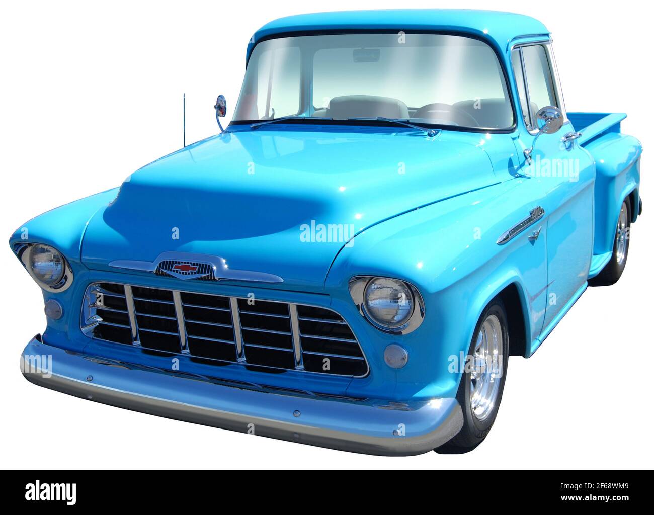 1955 Chevrolet pickup truck with bright blue paint job. Stock Photo