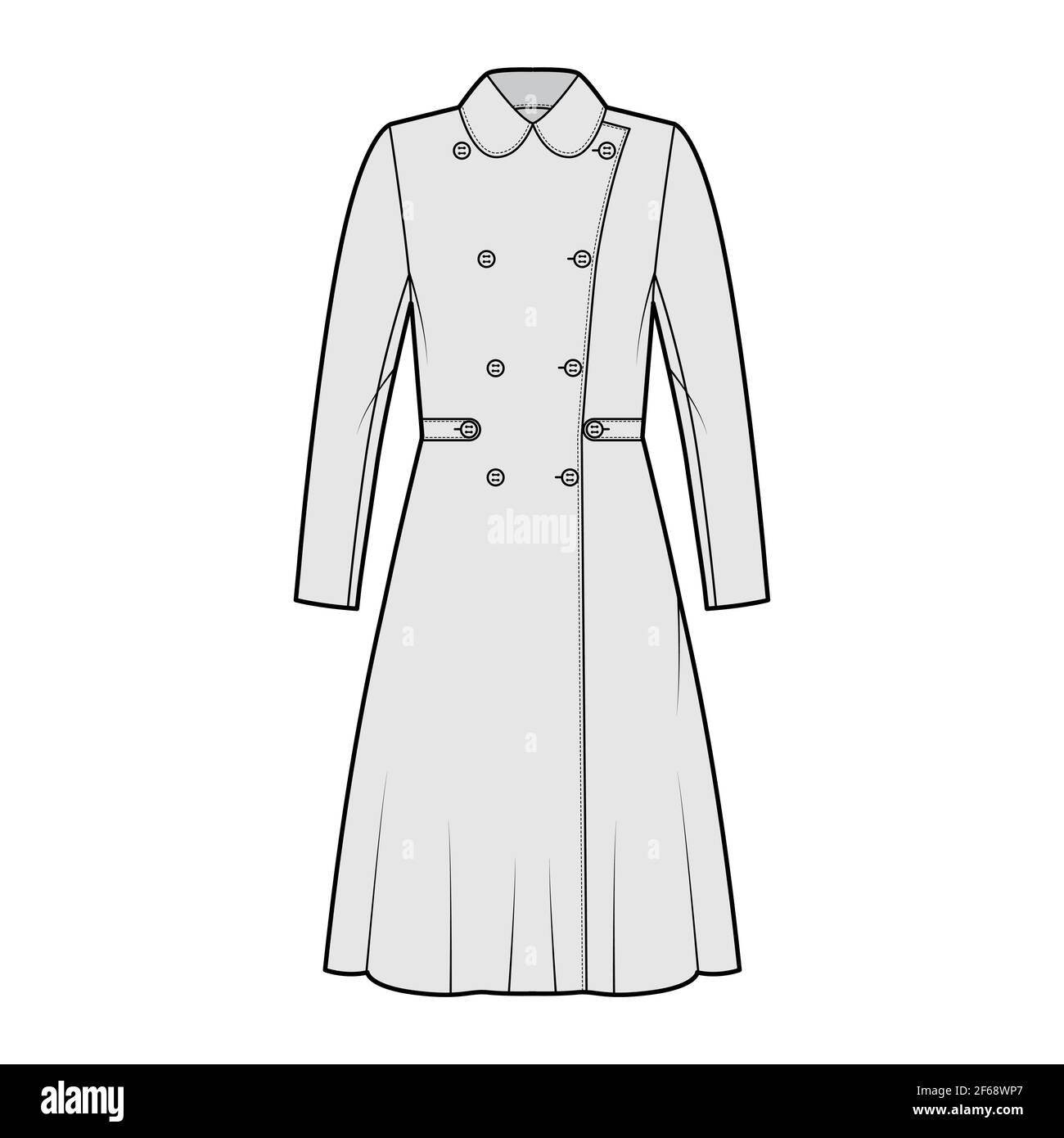 Skating coat technical fashion illustration with tabs, double breasted, long sleeves, round collar, knee length. Flat jacket template front, grey color style. Women, men, unisex top CAD mockup Stock Vector