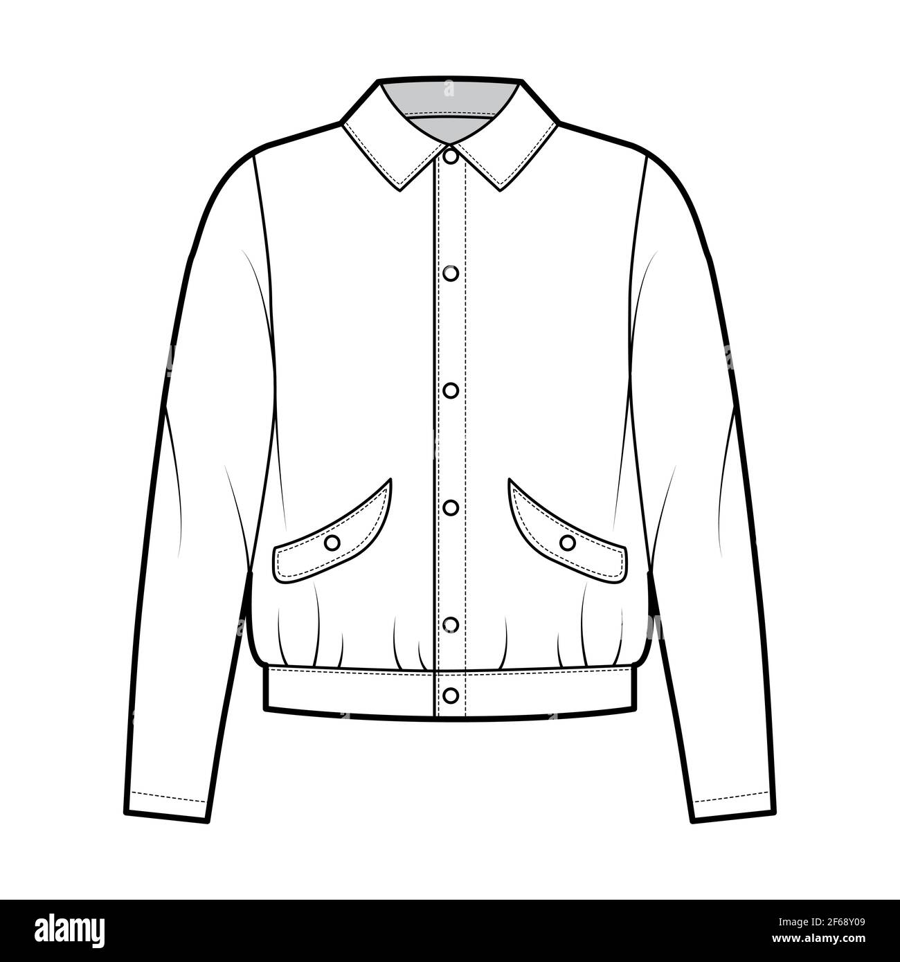 Blouson jacket technical fashion illustration with classic collar, oversized, long sleeves, flap pockets, snap buttons fastening. Flat coat template front, white color. Women men unisex top CAD mockup Stock Vector