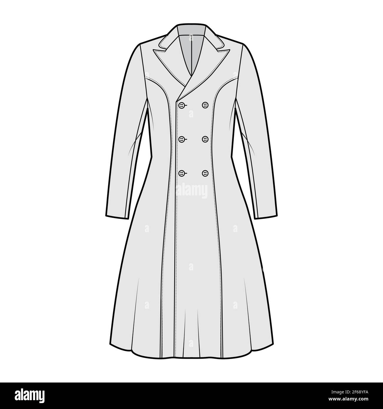 Princess line coat technical fashion illustration with double breasted, fitted body, long sleeves, peak lapel collar, knee length. Flat jacket template front, grey color style. Women, men, CAD mockup Stock Vector