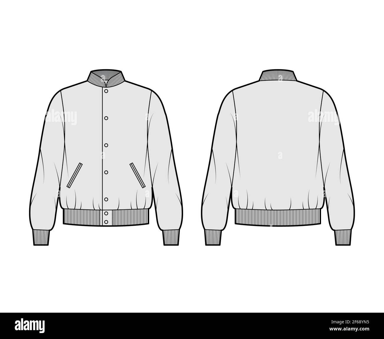 Varsity Bomber jacket technical fashion illustration with Rib baseball collar, pockets, buttons fastening, oversized, long sleeves. Flat coat template front, back, grey color. Women men unisex top CAD Stock Vector