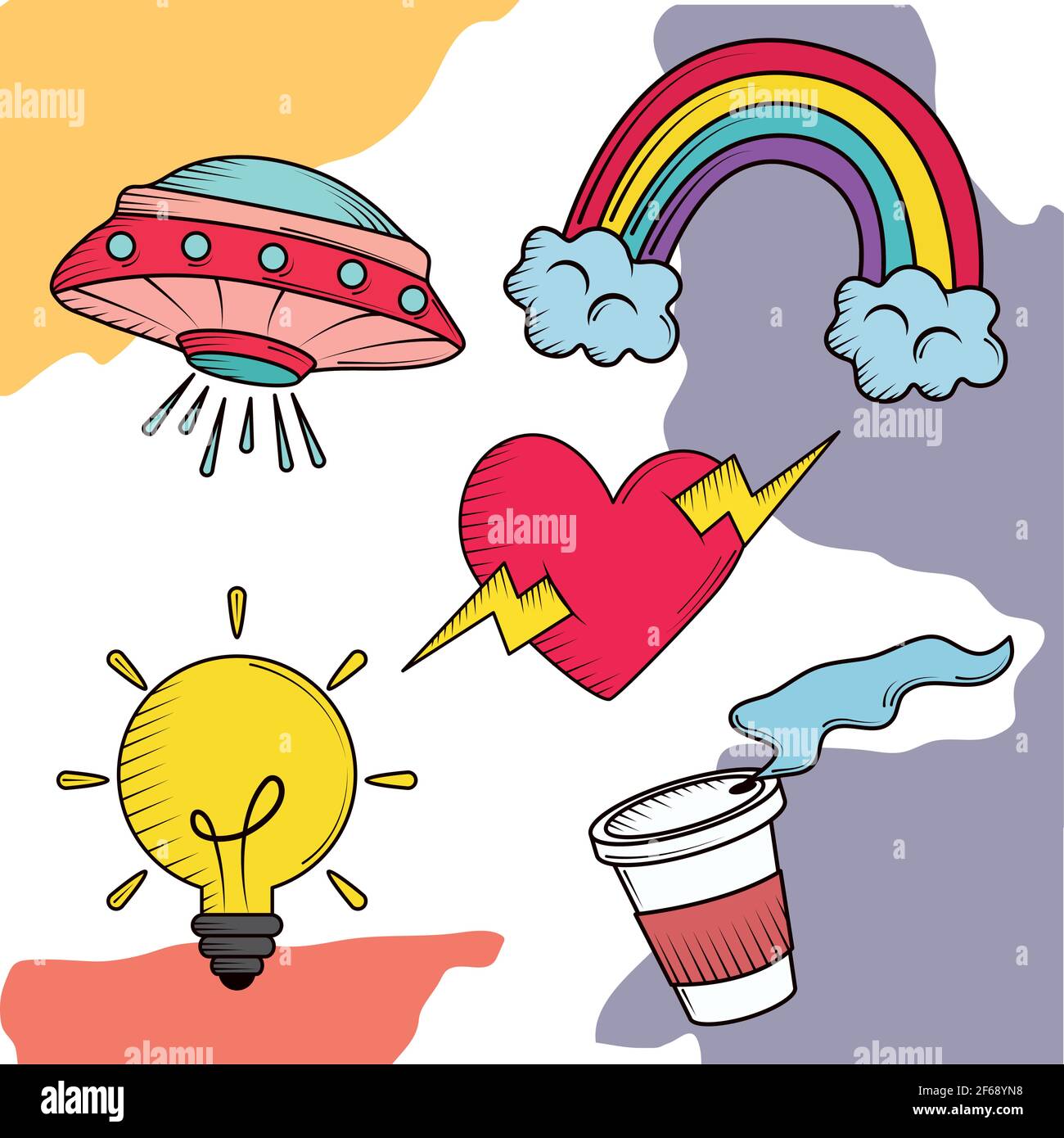 funny rainbow heart ufo doodles Stock Vector
