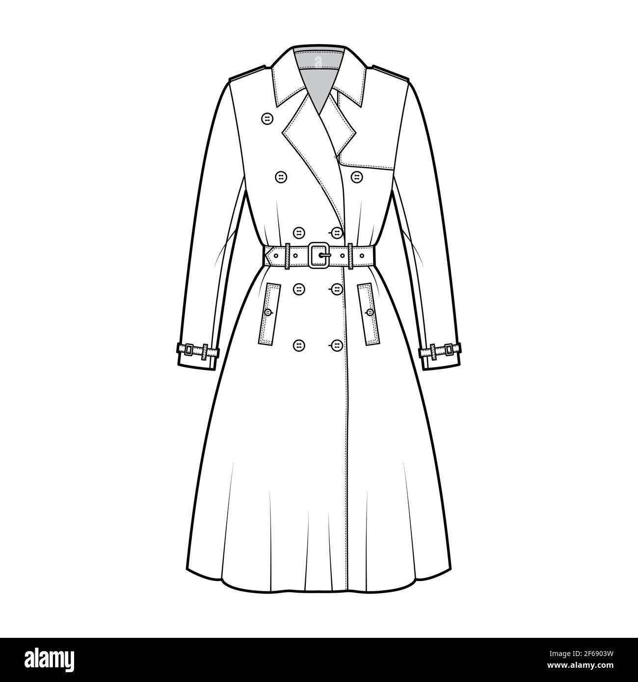 Full Trench coat technical fashion illustration with belt, long sleeves, napoleon wide collar, knee length, storm flap. Flat jacket template front, white color style. Women, men, unisex top CAD mockup Stock Vector