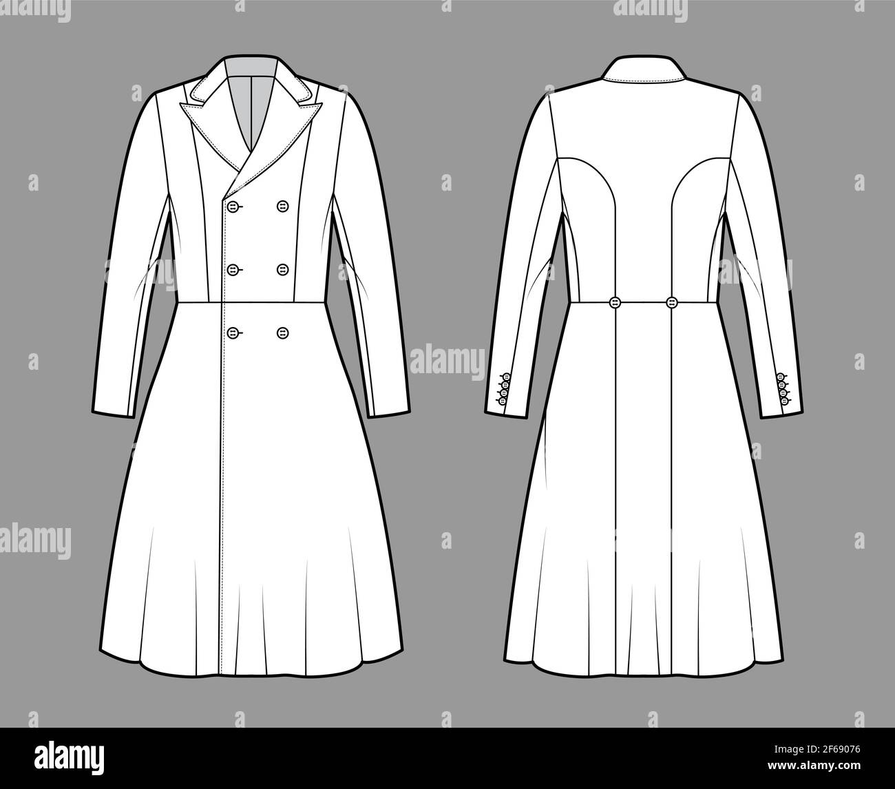 Redingote coat technical fashion illustration with double breasted, fitted, long sleeves, peak lapel collar, knee length. Flat jacket template front, back, white color style. Women, men top CAD mockup Stock Vector