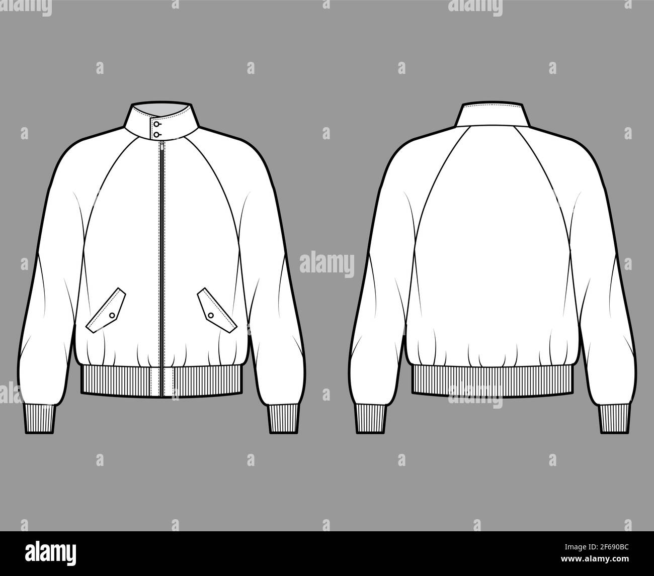 Zip-up Harrington Bomber jacket technical fashion illustration with Rib cuffs, oversized, long raglan sleeves, flap pockets. Flat coat template front, back white color. Women men unisex top CAD mockup Stock Vector