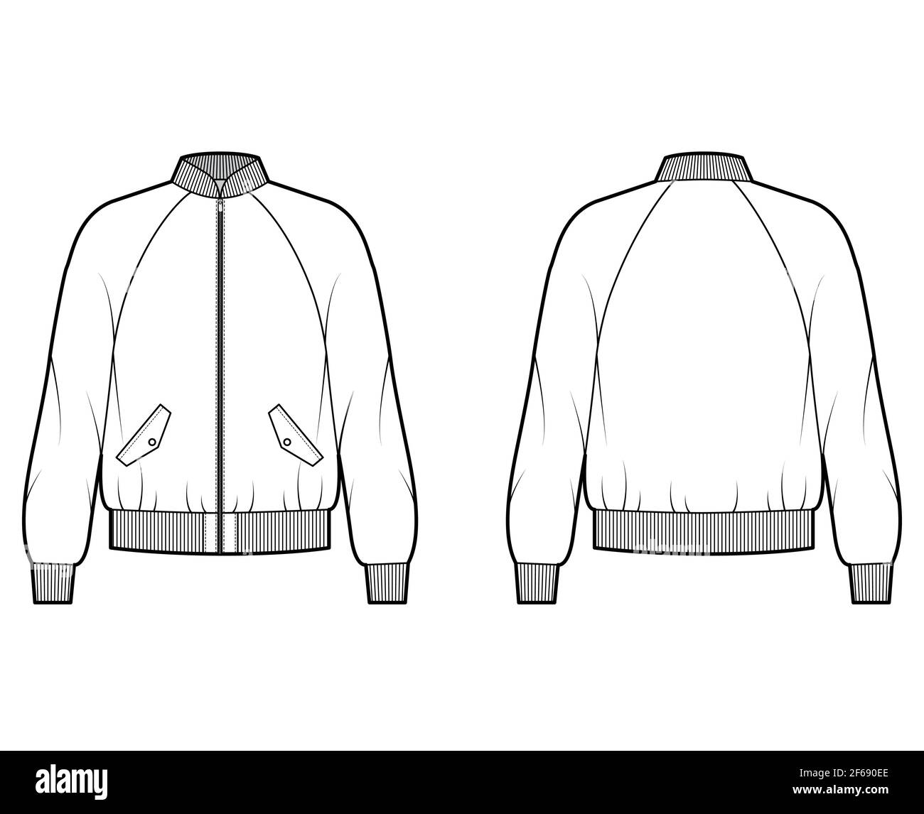Zip-up Bomber ma-1 flight jacket technical fashion illustration with Rib collar, cuffs, long raglan sleeves, flap pockets. Flat coat template front, back white color. Women men unisex top CAD mockup Stock Vector