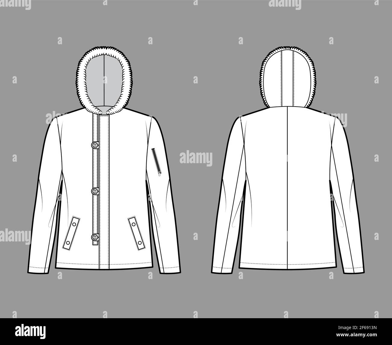 N-2B flight jacket technical fashion illustration with oversized, fur hood, long sleeves, flap pockets, button loop opening. Flat coat template front, back white color style. Women men top CAD mockup Stock Vector