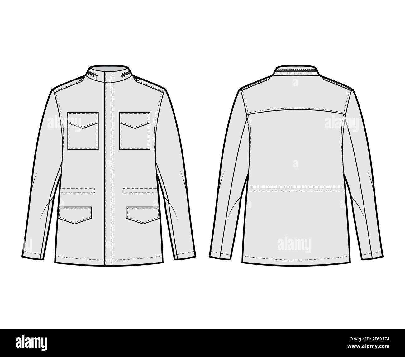 M-65 field jacket technical fashion illustration with oversized, stand collar, hide hood, flap pockets, epaulettes. Flat coat template front, back, grey color style. Women men unisex top CAD mockup Stock Vector