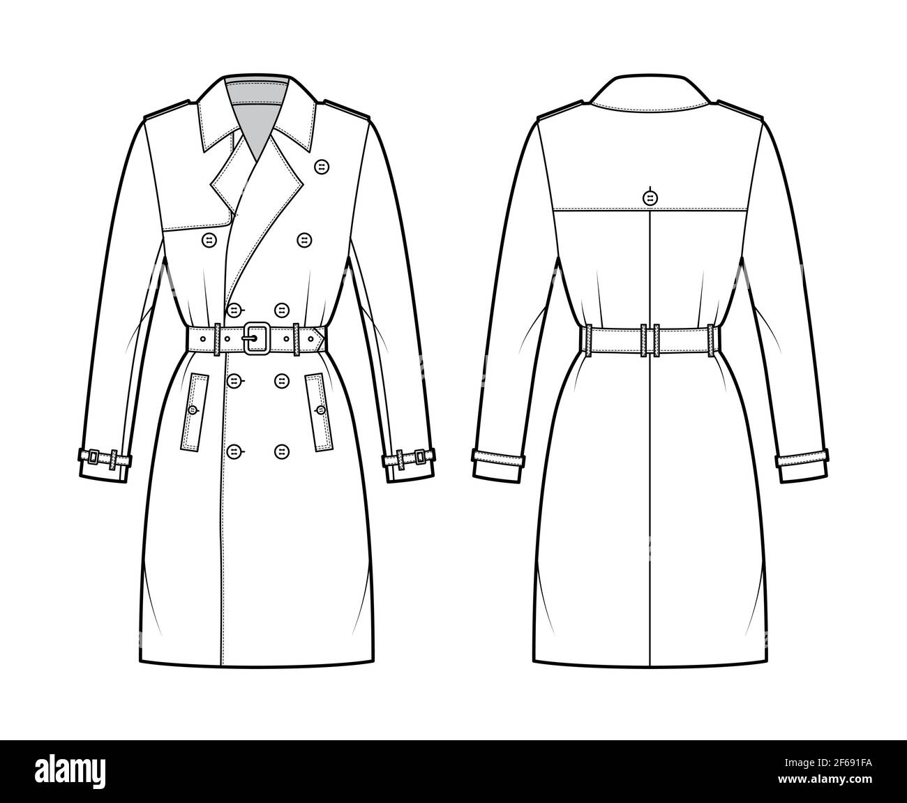 Trench coat technical fashion illustration with belt, fitted, long sleeves, napoleon wide lapel collar, knee length, storm flap. Flat jacket template front, back, white color. Women unisex CAD mockup Stock Vector