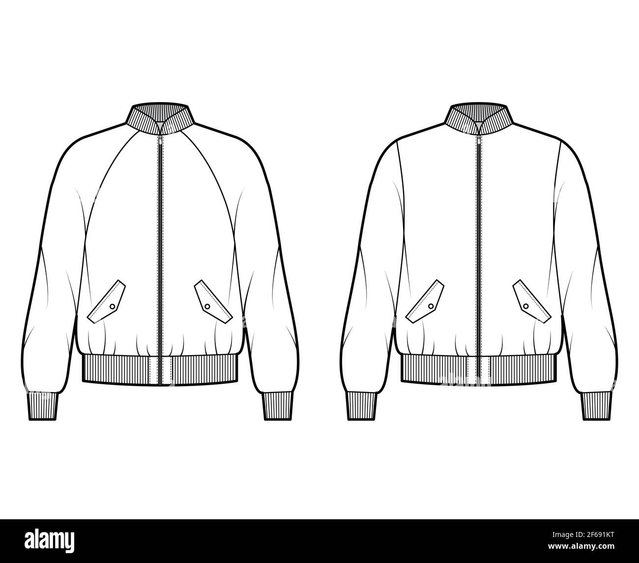 Set of Zip-up Bomber jackets technical fashion illustration with Rib baseball collar, cuffs, oversized, long raglan sleeves, flap pockets. Flat coat template front, white color. Women, men, unisex CAD Stock Vector
