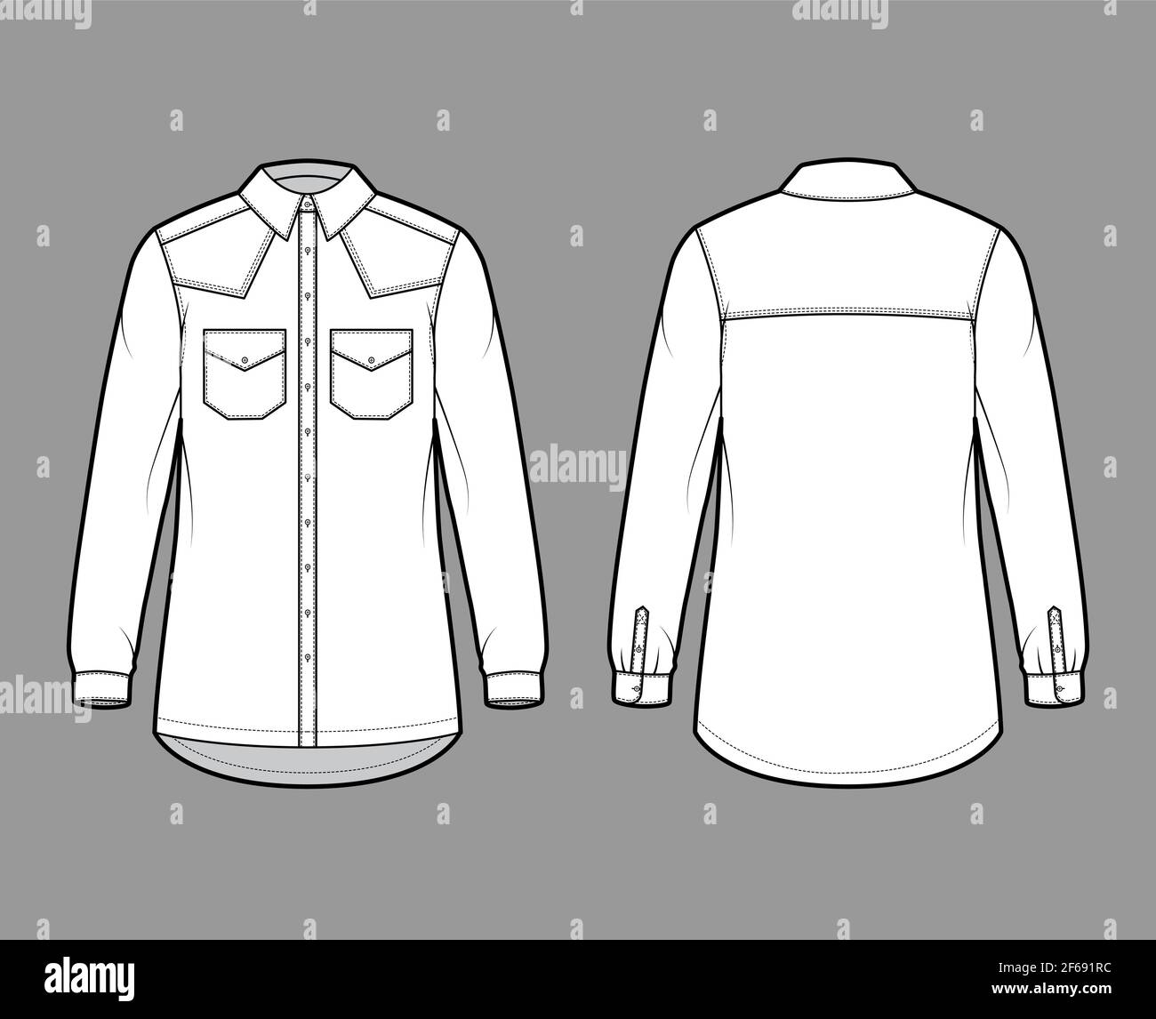 Denim shirt jacket technical fashion illustration with oversized body, flap pockets, button closure, classic collar, long sleeves. Flat apparel front, back, white color style. Women, men CAD mockup Stock Vector
