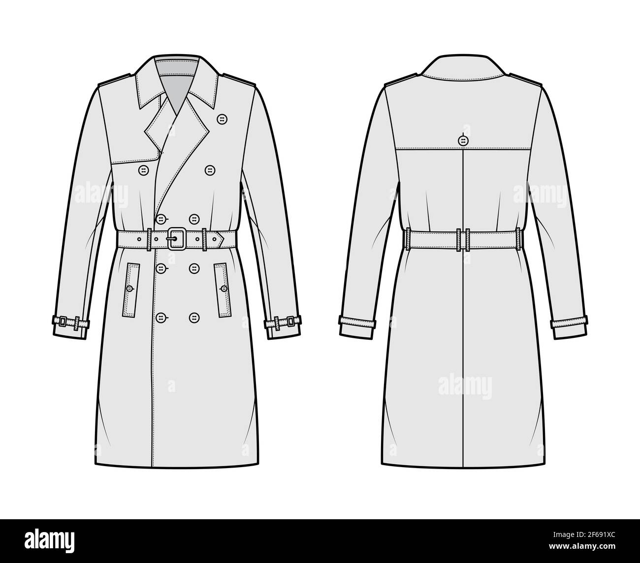 Trench coat technical fashion illustration with belt, double breasted, long sleeves, knee length, storm flap. Flat jacket template front, back, grey color style. Women, men, unisex top CAD mockup Stock Vector