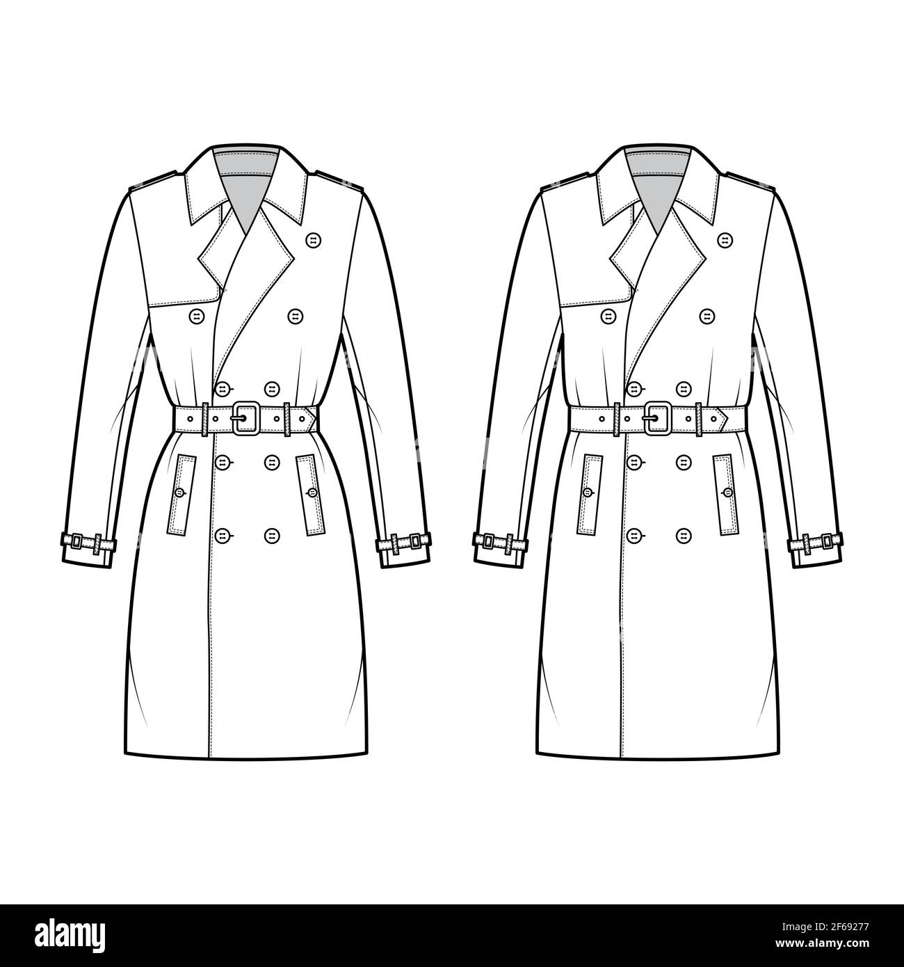 Set of Trench coats technical fashion illustration with belt, double breasted, long sleeves, napoleon wide lapel collar, knee length, storm flap. Flat jacket template front, white color. Women men CAD Stock Vector