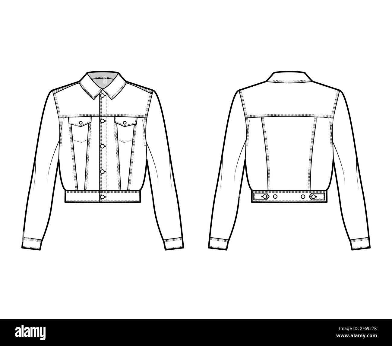 Cropped denim jacket technical fashion illustration with full waist length, flap pockets, button closure, collar, long sleeves. Flat apparel front, back, white color style. Women men unisex CAD mockup Stock Vector