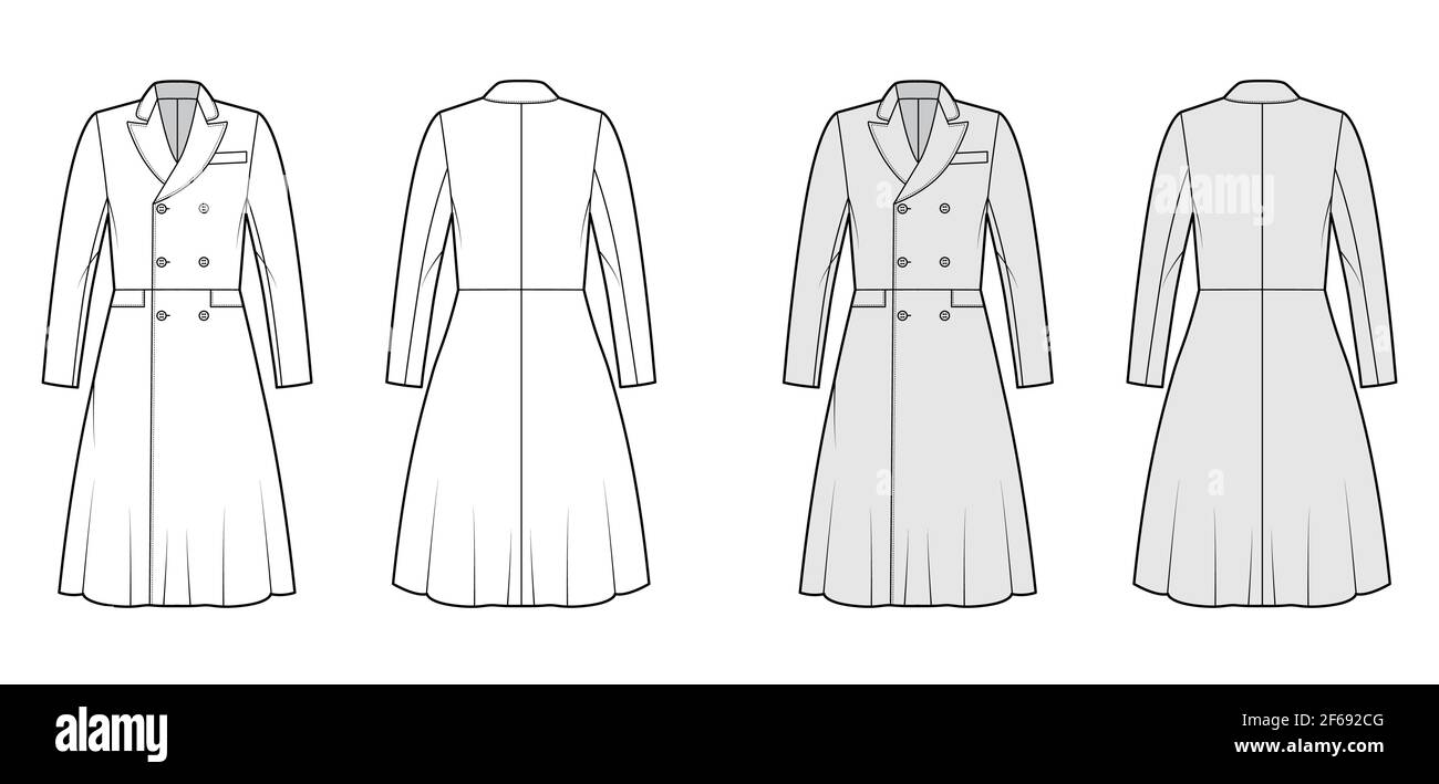 Frock coat technical fashion illustration with long sleeves, round collar peak, knee length, A-line skirt. Flat jacket template front, back, white, grey color style. Women, men, unisex top CAD mockup Stock Vector